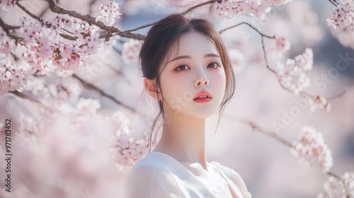 Woman in a Pink Cherry Blossom Garden