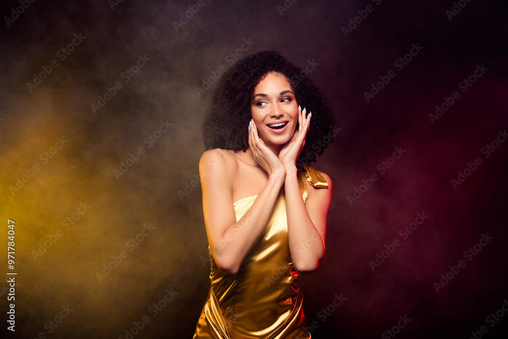 Photo of fancy rich lady wear gold dress dancing privet party isolated black color background Photo of fancy rich lady wear gold dress dancing privet party isolated black color background