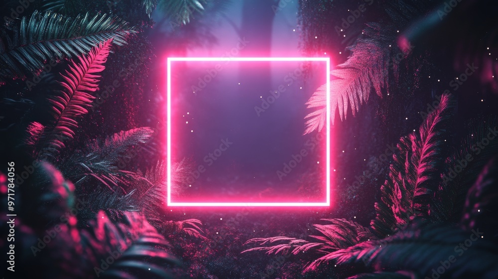 Obraz premium Tropical leaves illuminated by fluorescent neon light in square frame