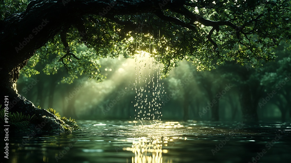 Sun shining through the trees in a green forest with a lake or river. Sun shining through the trees in a green forest with a lake or river.