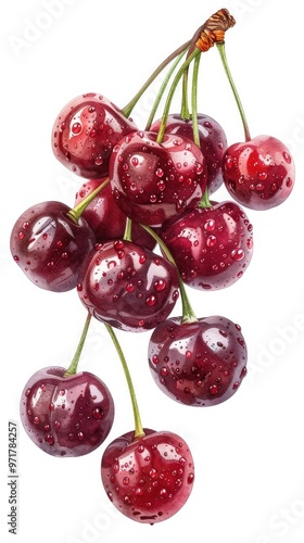 Closeup of Fresh Ripe Red Cherries Hanging in a Bunch on Green Stems with Water Droplets Organic and Healthy Fruit Harvested from the Garden or Orchard