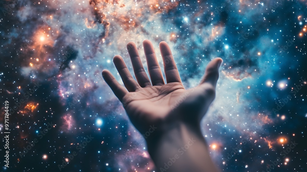 Hand Reaching Toward a Distant Galaxy: A human hand extending toward a colorful spiral galaxy, with stars and nebulae in the background.
Hand Reaching Toward a Distant Galaxy: A human hand extending toward a colorful spiral galaxy, with stars and nebulae in the background.