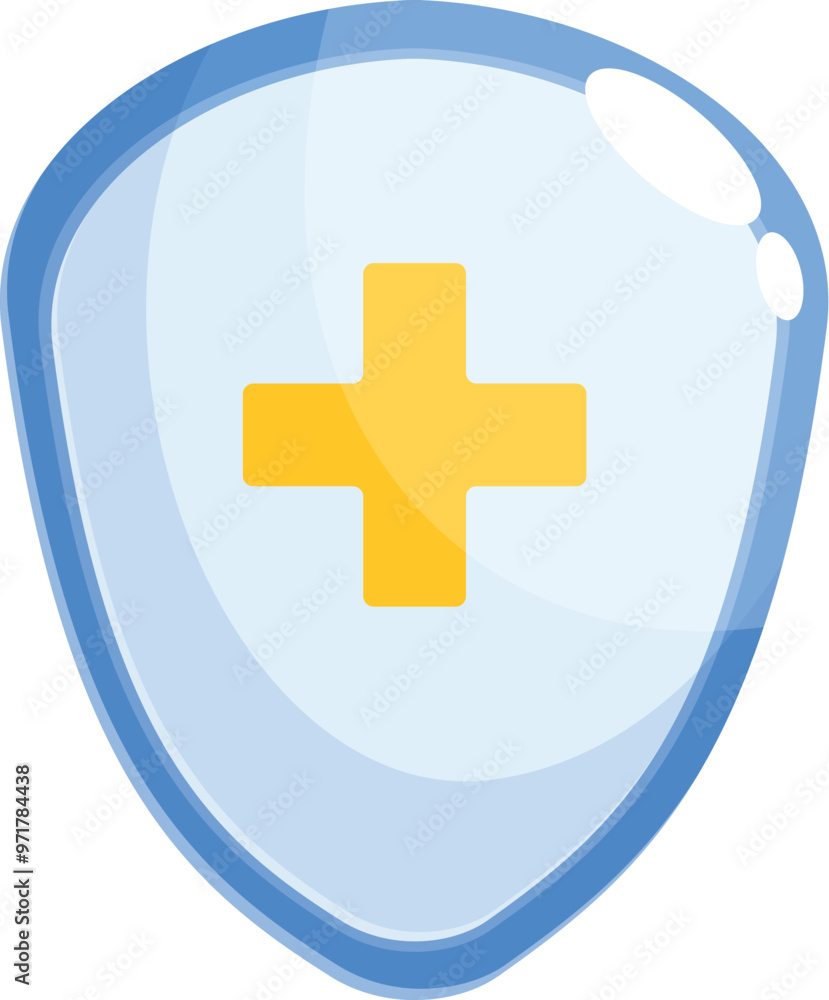 Fototapeta premium Cartoon blue medical shield protecting with yellow cross symbol for healthcare protection concepts