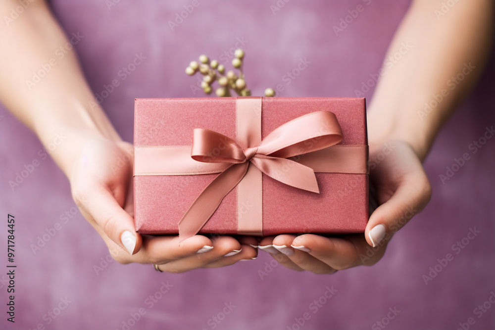 Womans hands holding gift or present box decorated bow on pastel table top view. Flat lay composition for birthday or wedding Womans hands holding gift or present box decorated bow on pastel table top view. Flat lay composition for birthday or wedding