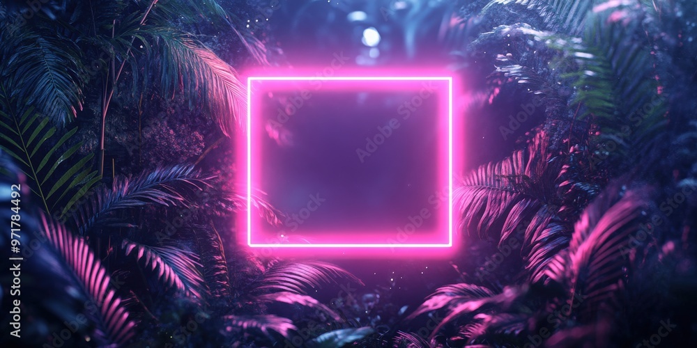 Obraz premium Tropical leaves illuminated by fluorescent neon light in square frame