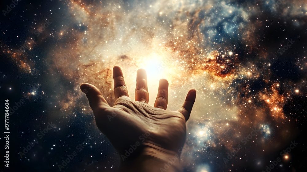 Hand Reaching Toward a Distant Galaxy: A human hand extending toward a colorful spiral galaxy, with stars and nebulae in the background.
Hand Reaching Toward a Distant Galaxy: A human hand extending toward a colorful spiral galaxy, with stars and nebulae in the background.