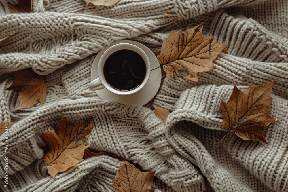 Cozy autumn vibes with a warm knitted sweater, aromatic coffee, and rustic leaves on a soft surface, inviting a serene moment of relaxation Cozy autumn vibes with a warm knitted sweater, aromatic coffee, and rustic leaves on a soft surface, inviting a serene moment of relaxation