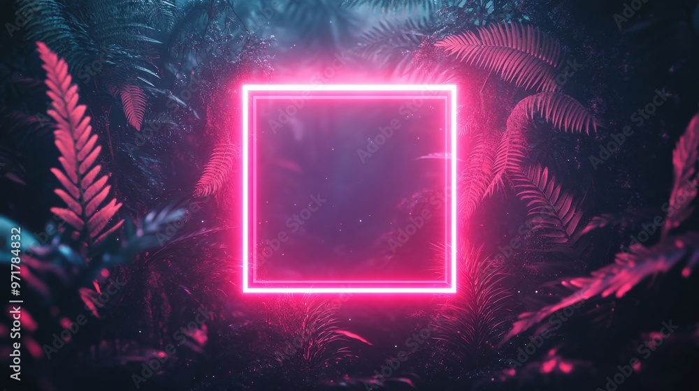 Obraz premium Tropical leaves illuminated by fluorescent neon light in square frame