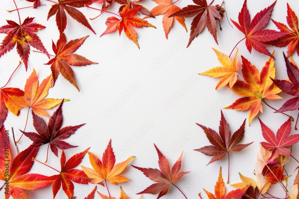 A vibrant square frame of stunning autumn leaves in rich red, orange, and yellow shades set against a clean white background for a perfect fall ambiance A vibrant square frame of stunning autumn leaves in rich red, orange, and yellow shades set against a clean white background for a perfect fall ambiance