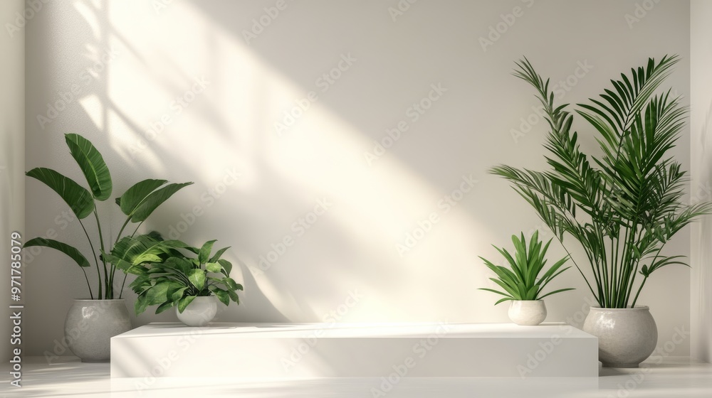 Fototapeta premium Indoor sunlight illuminated green plant e-commerce booth background