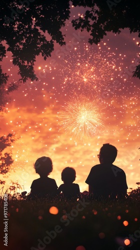 A family enjoys a vibrant fireworks display under a colorful sunset, creating a memorable bonding moment in nature.