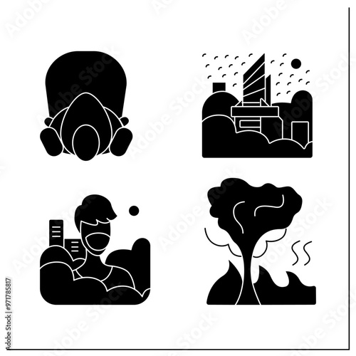  Air pollution glyph icons set. Smog, fire in woods, refinery emissions, factory chemical.Filled flat sign. Isolated silhouette vector illustration