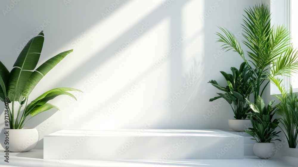 Indoor sunlight illuminated green plant e-commerce booth background Indoor sunlight illuminated green plant e-commerce booth background