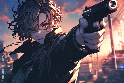 Anime character holding gun, serious expression, action pose, urban backdrop photo