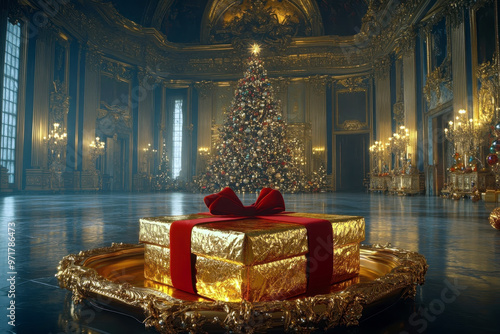 Luxurious Christmas gift with red ribbon in ornate palace hall photo