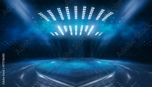 Dark night scene, street with spotlights, neon.