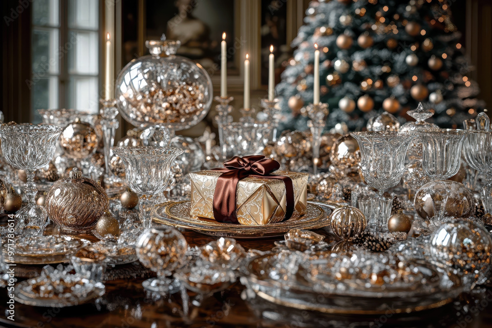 Luxurious Christmas gift on an elegant crystal table setting Luxurious Christmas gift on an elegant crystal table setting