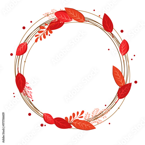 Vector isolated round frame of red dry alder autumn leaves. Border for text and lettering. Isolated flat illustration with brown plants for design, greeting card, banner, board, flyer, sale, poster