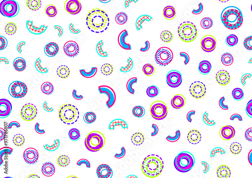 Modern Memphis Milano inspired seamless pattern in abstract art design style. Vector graphic illustration. Dense all over the top composition, vibrant neon colors..