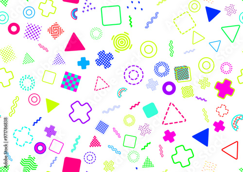 Modern Memphis Milano inspired seamless pattern in abstract pop art design style. Vector graphic illustration. Dense all over the top composition, vibrant neon colors.