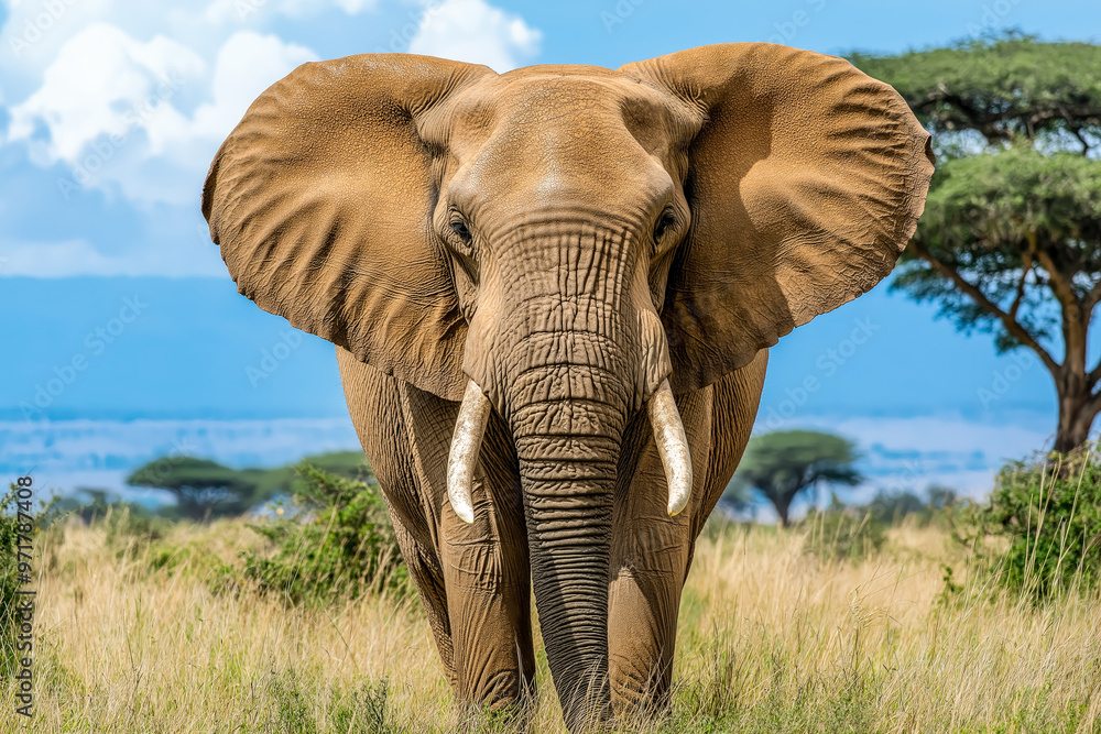 Fototapeta premium Elephant in the African savannah, standing tall and majestic against an open landscape of grasslands and acacia trees under a clear blue sky.