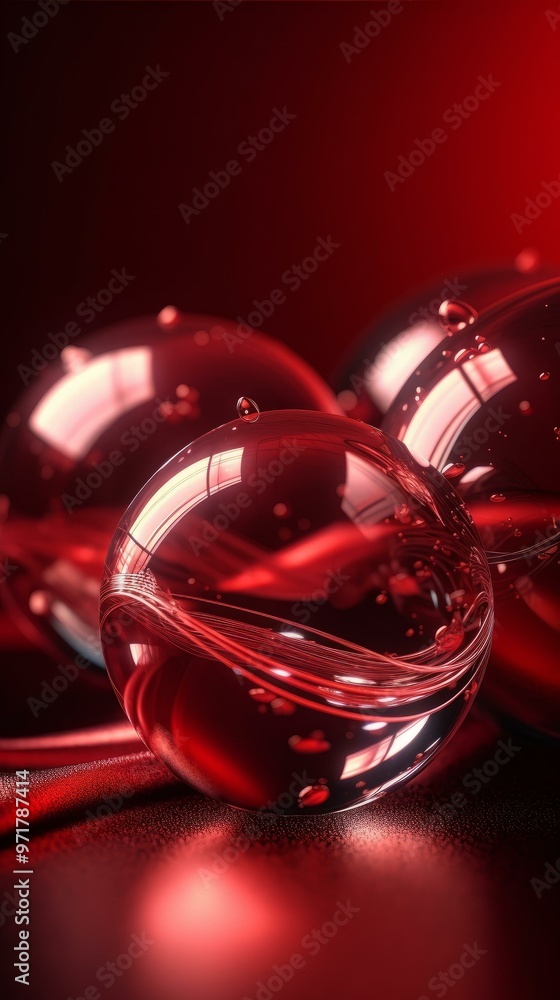 Elegant glass spheres in rich red lighting - abstract background for technology, luxury, or design themes Elegant glass spheres in rich red lighting - abstract background for technology, luxury, or design themes