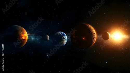 Inner Solar System  A focused view of the inner solar system  featuring Mercury  Venus  Earth  and Mars with the sun illuminating their surfaces.  