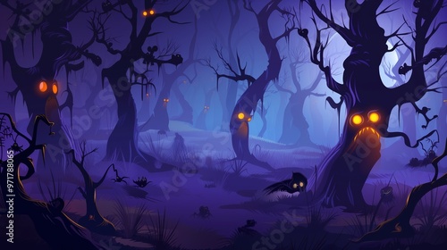 Eerie Haunted Forest with Glowing Eyes and Bats Flying