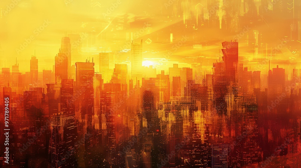 Fototapeta premium Sunset Cityscape with Warm Colors and Digital Effects