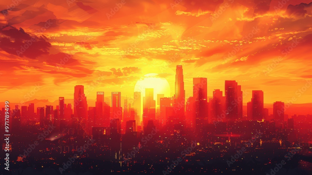 Fototapeta premium Cityscape Sunset Silhouette Digital Art Illustration