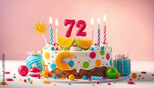 Vibrant 72th Birthday Cake with Candles and Colorful Sweets photo