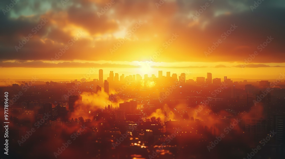 Fototapeta premium City Skyline Sunset with Fog and Golden Light