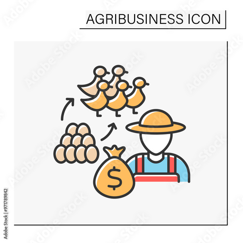 Farming color icon. Egg hatchery production.Raising domestic birds due to modern technologies. Chickens, ducks for market sale.Agribusiness concept. Isolated vector illustration