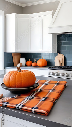 kitchen decor including pumpkins counter plaid dish towels