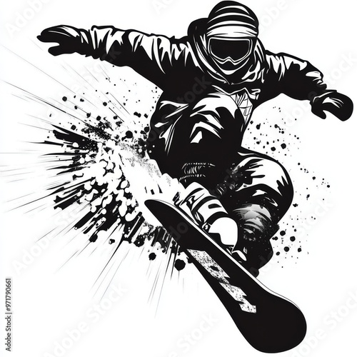 In this bold and graphic illustration, a snowboarder defies gravity as he leaps.