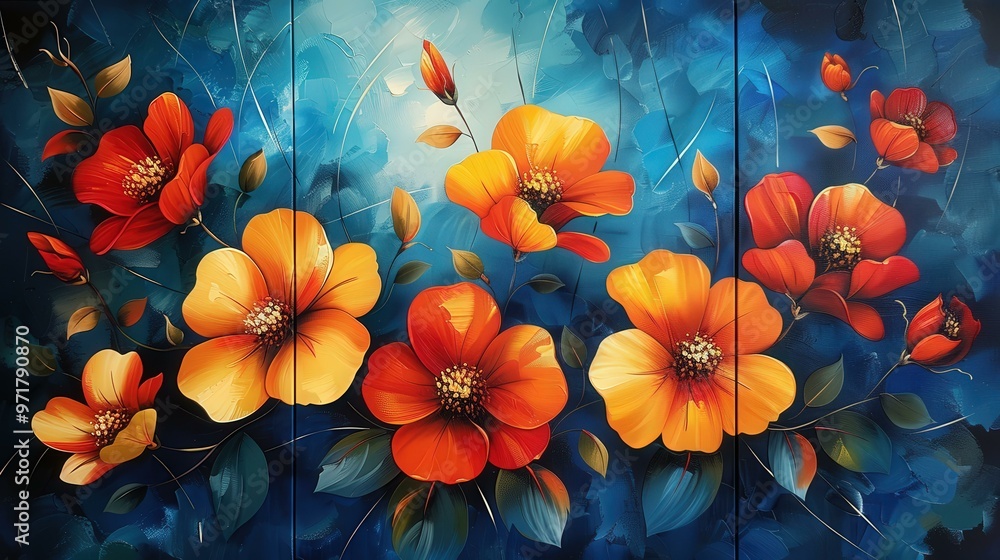 Abstract Blue Background with Orange and Yellow Flowers Abstract Blue Background with Orange and Yellow Flowers