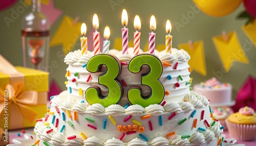 Vibrant 33th Birthday Cake with Candles and Colorful Sweets photo