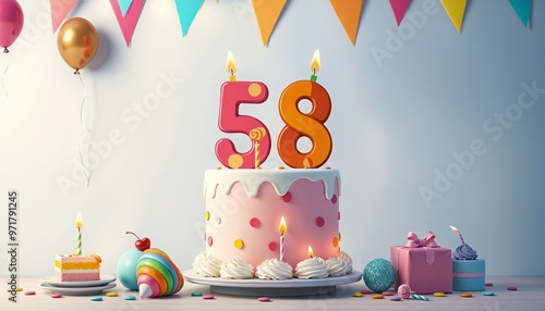 Vibrant 58th Birthday Cake with Candles and Colorful Sweets photo