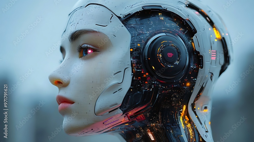 Cyborg humanoid white metal design and clear skin with technological objects connected to it's face, glowing eyes and metal parts unique robot design Cyborg humanoid white metal design and clear skin with technological objects connected to it's face, glowing eyes and metal parts unique robot design