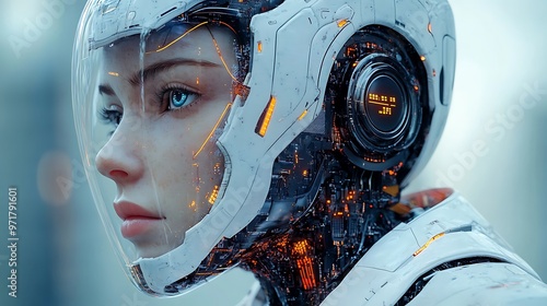 Cyborg humanoid white metal design and clear skin with technological objects connected to it's face, glowing eyes and metal parts unique robot design