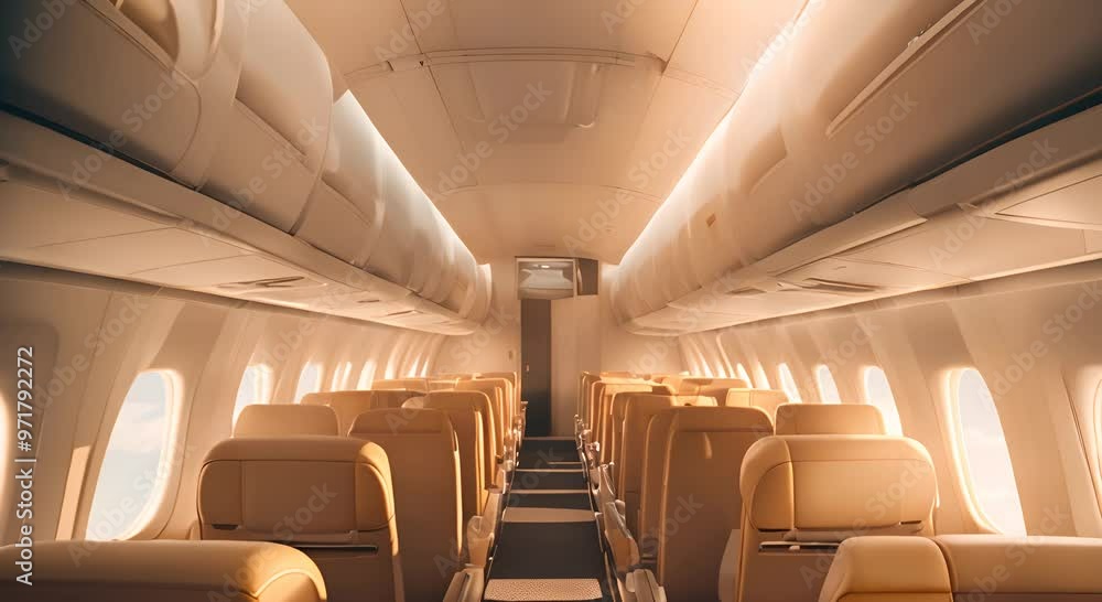 An airplane interior with rows of empty seats bathed in warm light and a view of clouds through the windows 4k animation An airplane interior with rows of empty seats bathed in warm light and a view of clouds through the windows 4k animation