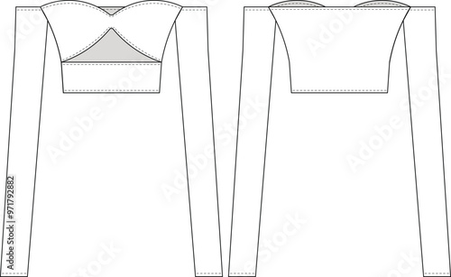 off the shoulder sweetheart neck long sleeve low cut cutout cropped crop fit elastic blouse top sweater template technical drawing flat sketch cad mockup fashion woman design style model
