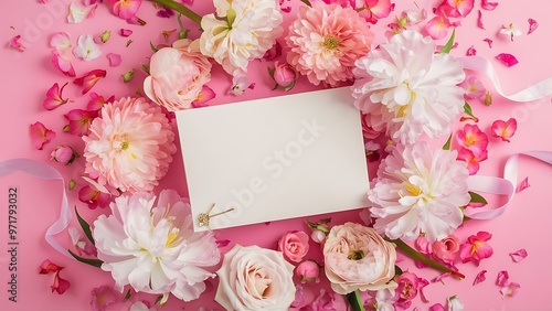 Top view of blank card and beautiful blooming flowers isolated on pink