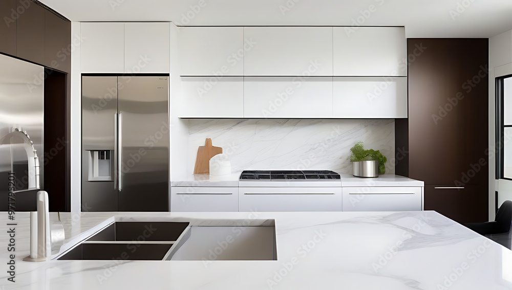 modern kitchen sleek appliances marble countertop open shelving modern kitchen sleek appliances marble countertop open shelving