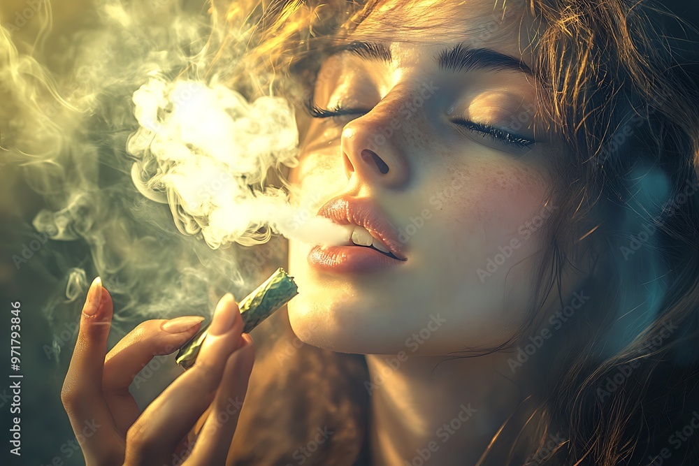Obraz premium Woman smoking a cigarette with smoke in the air, close up