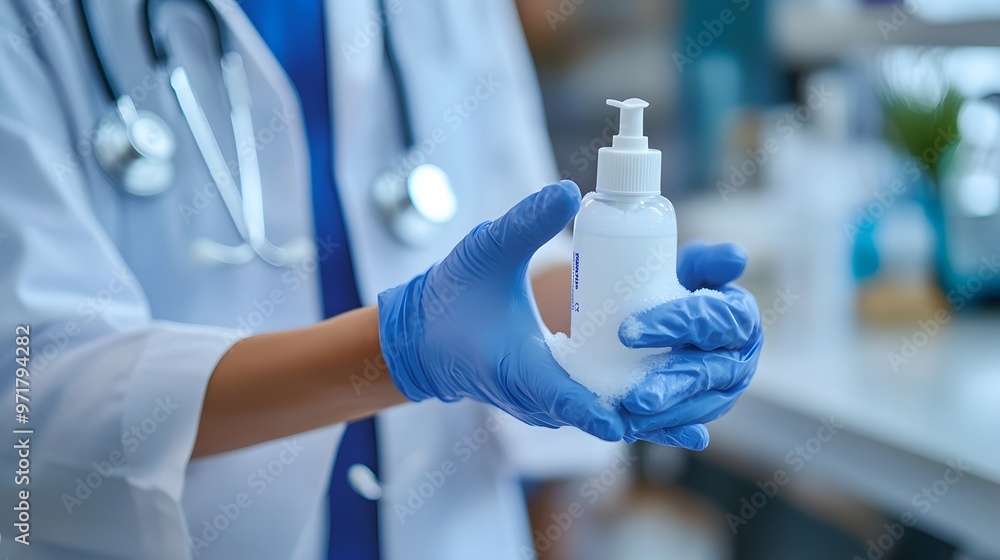 Sanitizing Hands: Doctor's hands being sanitized with a pump bottle of hand sanitizer, with foam and rubbing motion.
Sanitizing Hands: Doctor's hands being sanitized with a pump bottle of hand sanitizer, with foam and rubbing motion.