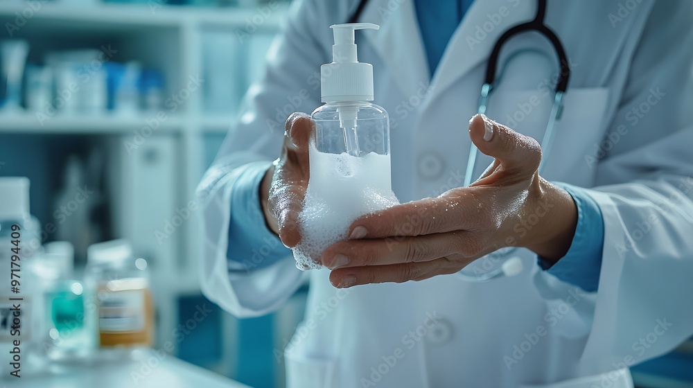 Sanitizing Hands: Doctor's hands being sanitized with a pump bottle of hand sanitizer, with foam and rubbing motion.
Sanitizing Hands: Doctor's hands being sanitized with a pump bottle of hand sanitizer, with foam and rubbing motion.