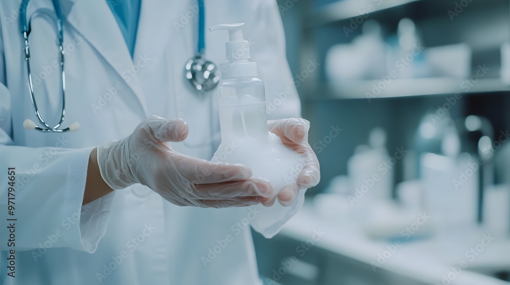 Sanitizing Hands: Doctor's hands being sanitized with a pump bottle of hand sanitizer, with foam and rubbing motion.
Sanitizing Hands: Doctor's hands being sanitized with a pump bottle of hand sanitizer, with foam and rubbing motion.