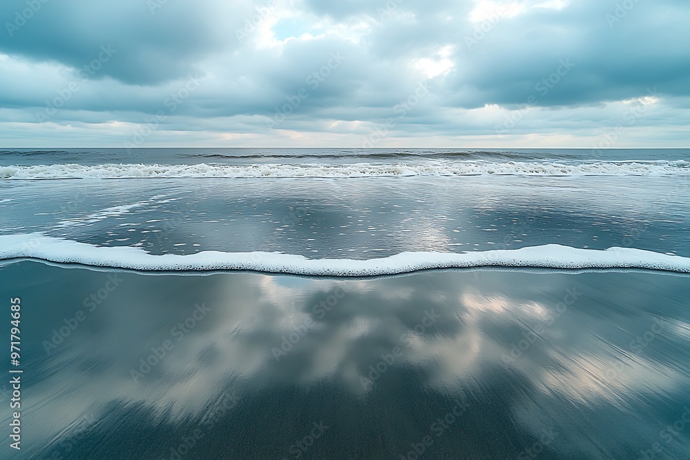 Fototapeta premium Empty beach with smooth wet sand reflecting the cloudy sky