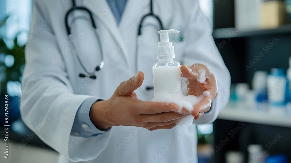 Sanitizing Hands: Doctor's hands being sanitized with a pump bottle of hand sanitizer, with foam and rubbing motion.
Sanitizing Hands: Doctor's hands being sanitized with a pump bottle of hand sanitizer, with foam and rubbing motion.